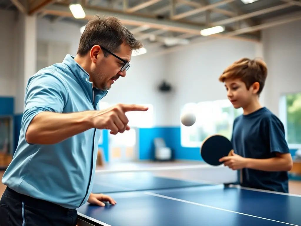 A dynamic shot of children participating in a beginner's table tennis class, with a coach providing guidance in a friendly and supportive environment.