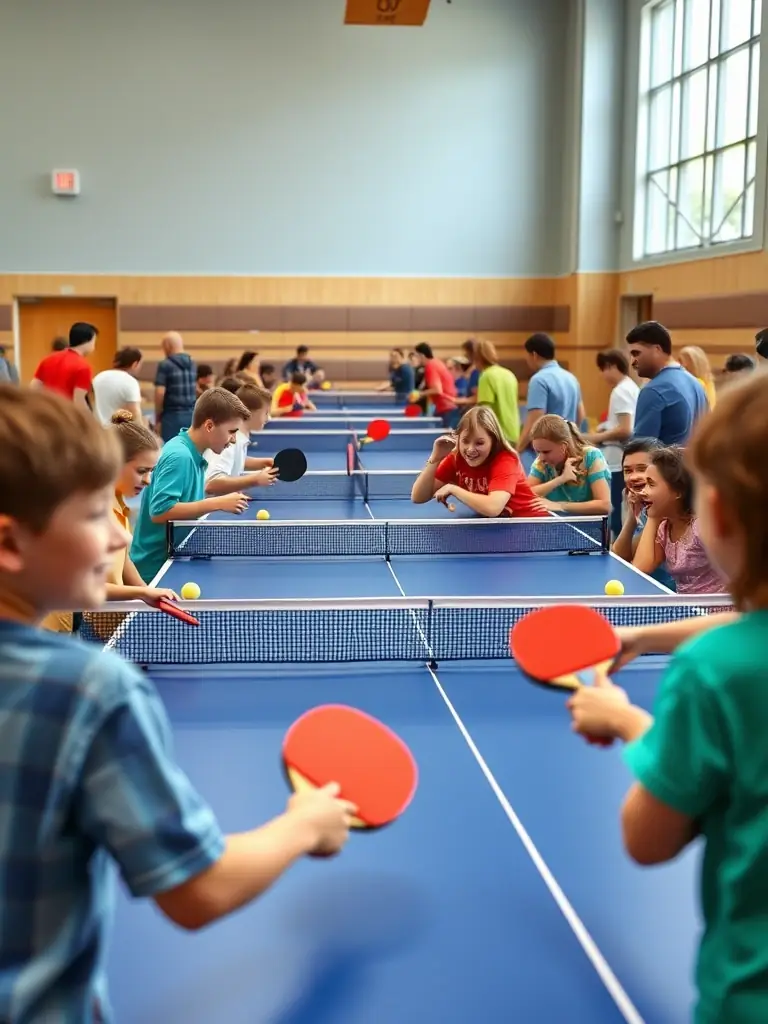 A photograph of ATTC PLEAUX members participating in a community outreach program, teaching table tennis to residents at a local community center.