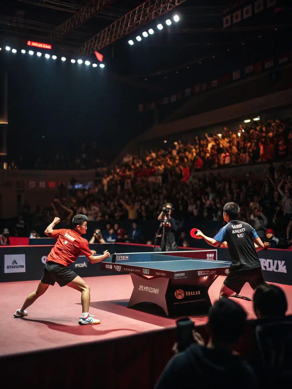 A dynamic shot of a table tennis match in progress, showcasing the speed and agility involved in the sport, set in the ATTC PLEAUX facility.