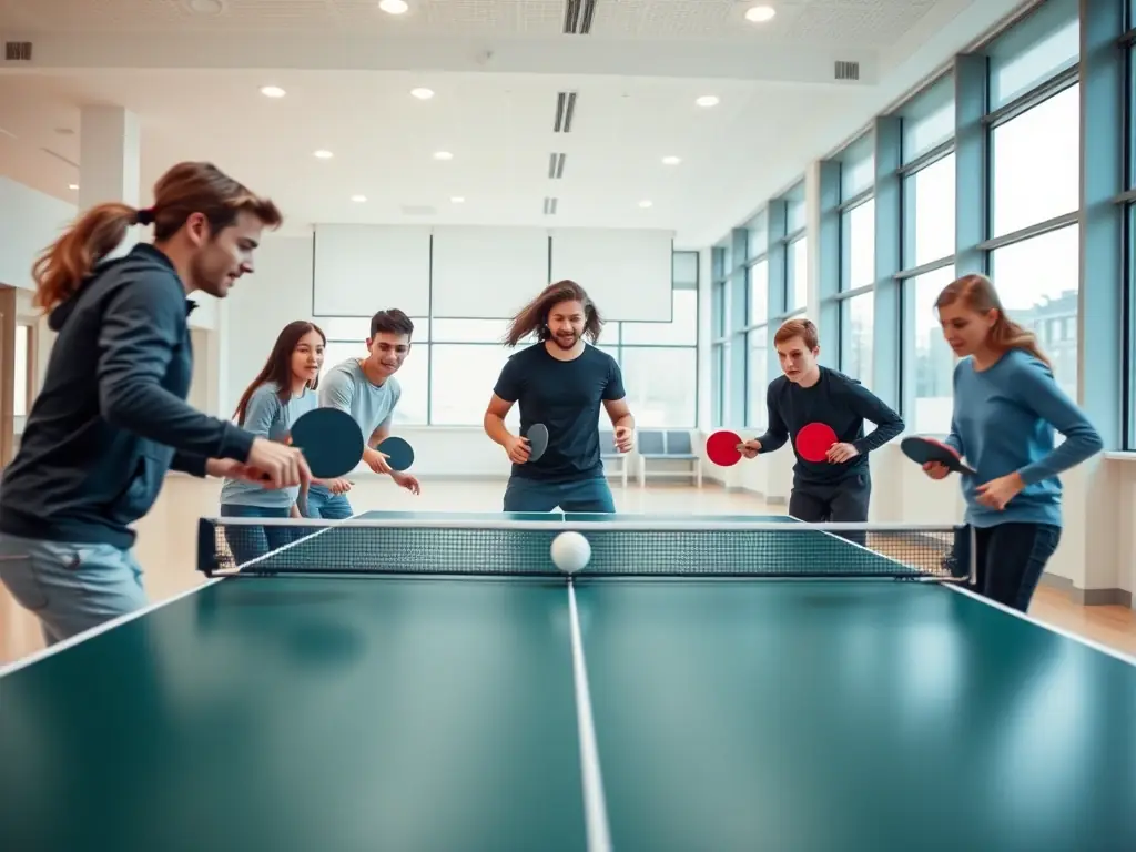 A diverse group of adults participating in a recreational table tennis activity, highlighting the social and health benefits of the sport.