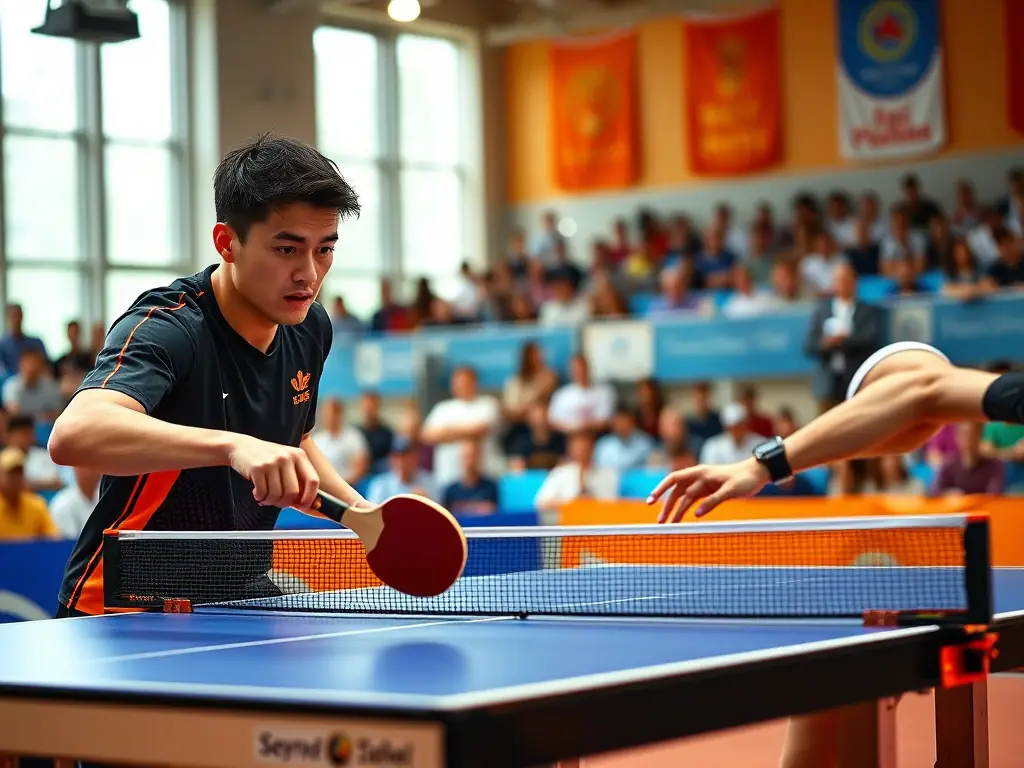 A dynamic image of advanced table tennis players engaged in a competitive match, showcasing speed, precision, and strategic gameplay.