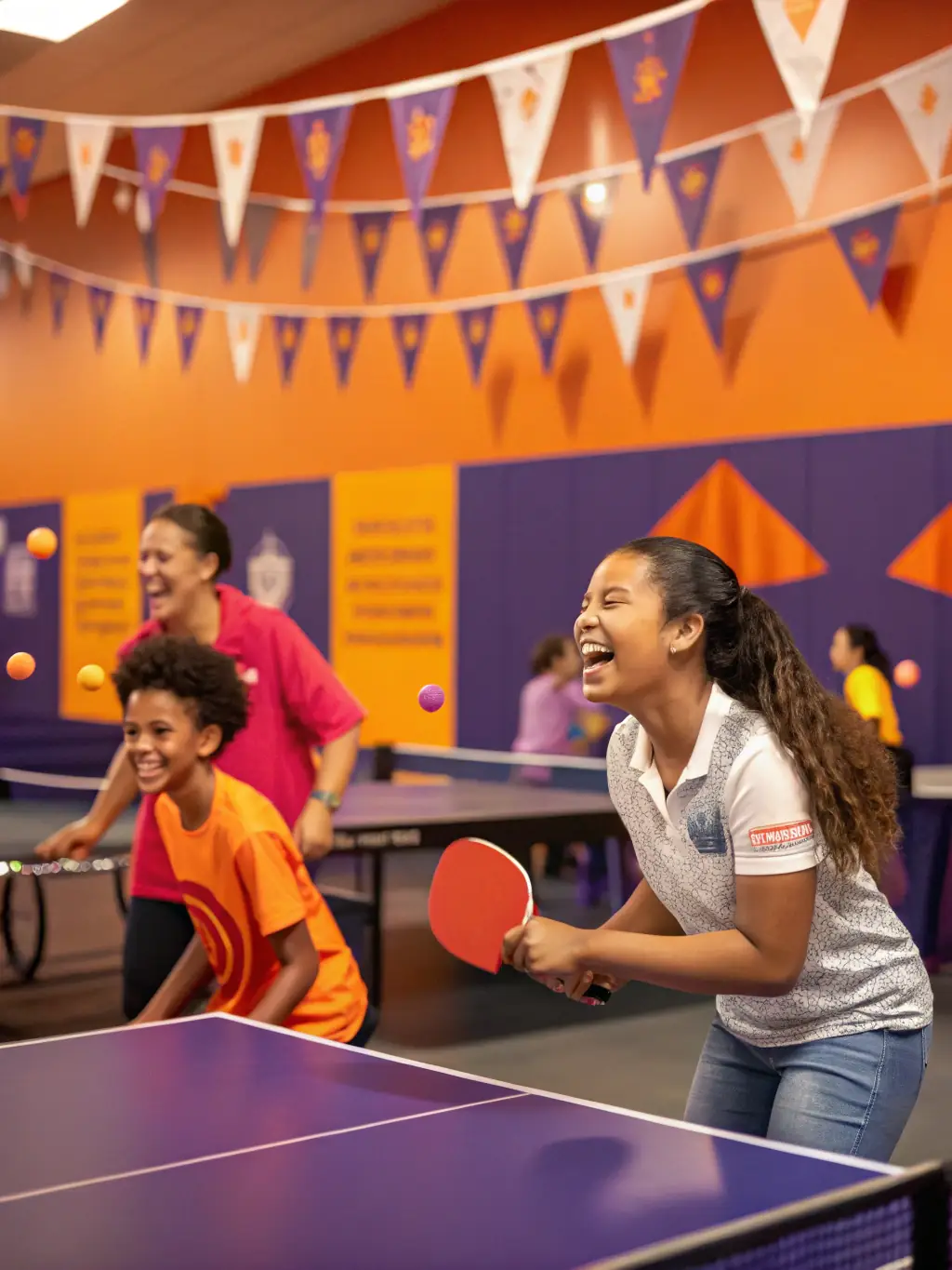 A group of members laughing and interacting during a break at a table tennis event, emphasizing the social aspect of the association.