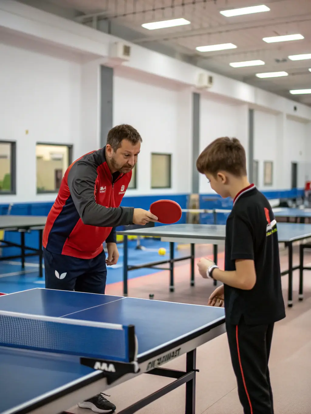 A coach providing personalized instruction to a young table tennis player, highlighting the association's commitment to skill development.